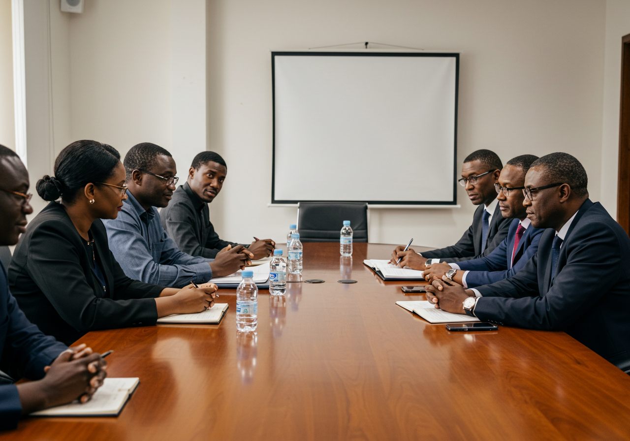 Leaders convening around a table at a policy dialogue in a modern African setting
