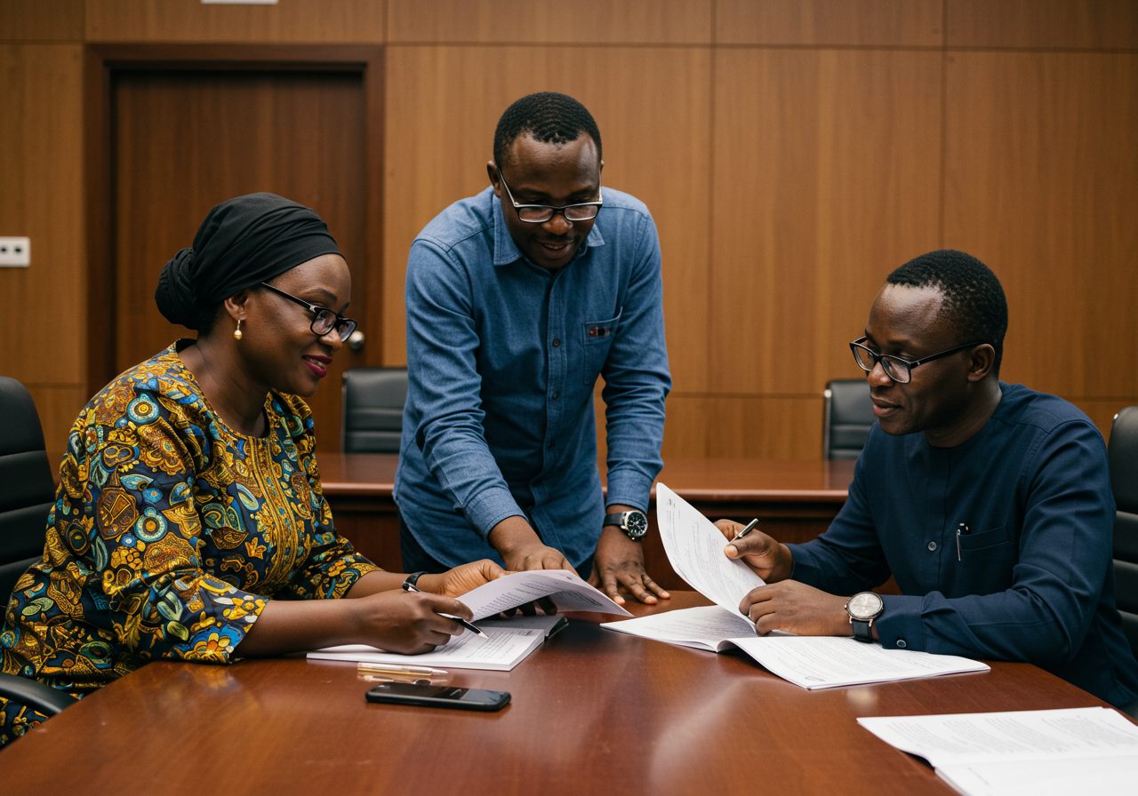 Government and civil society leaders reviewing policy documents together in a boardroom