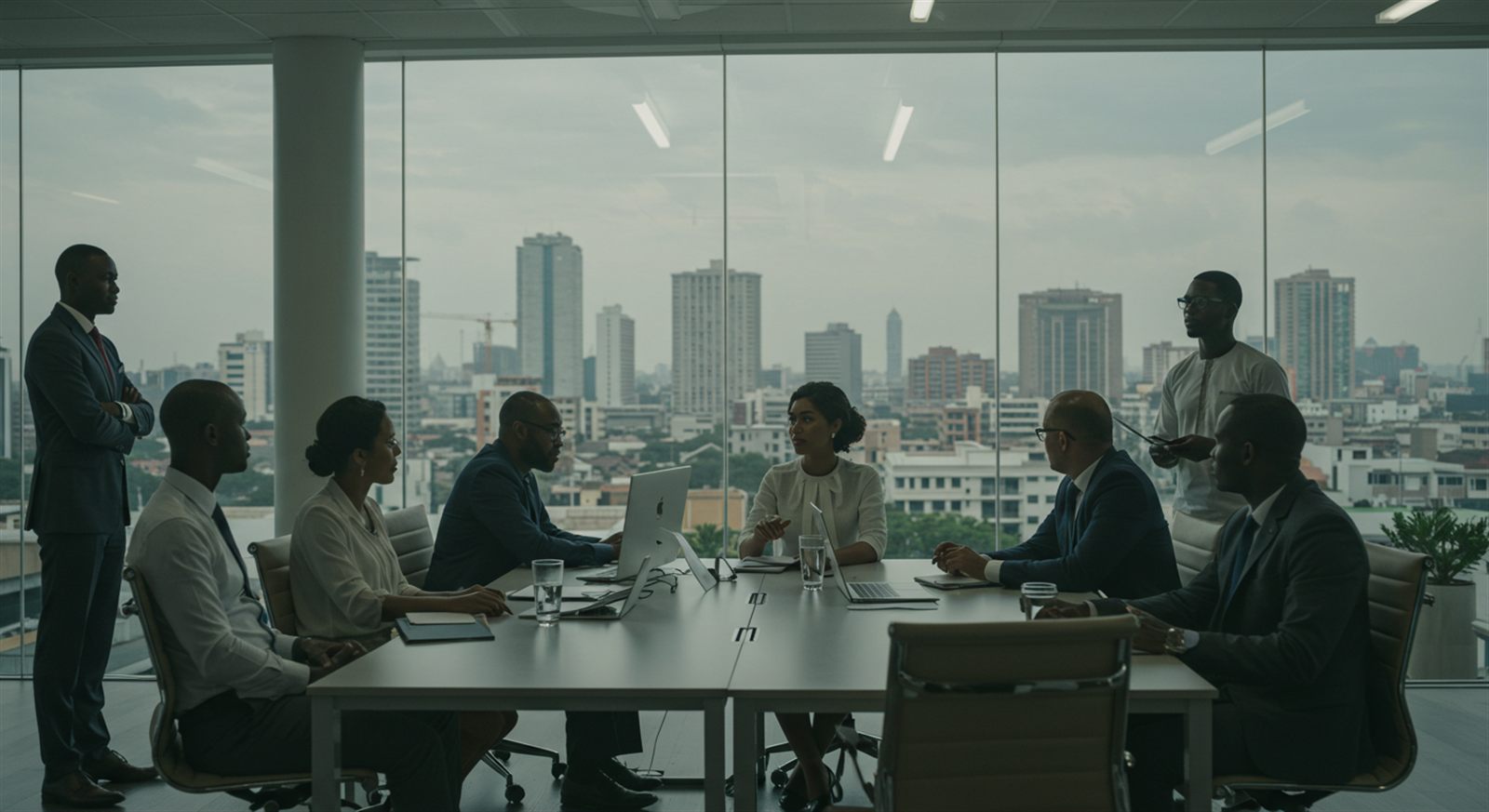 African professionals and institutional leaders collaborating in a modern office overlooking a city skyline