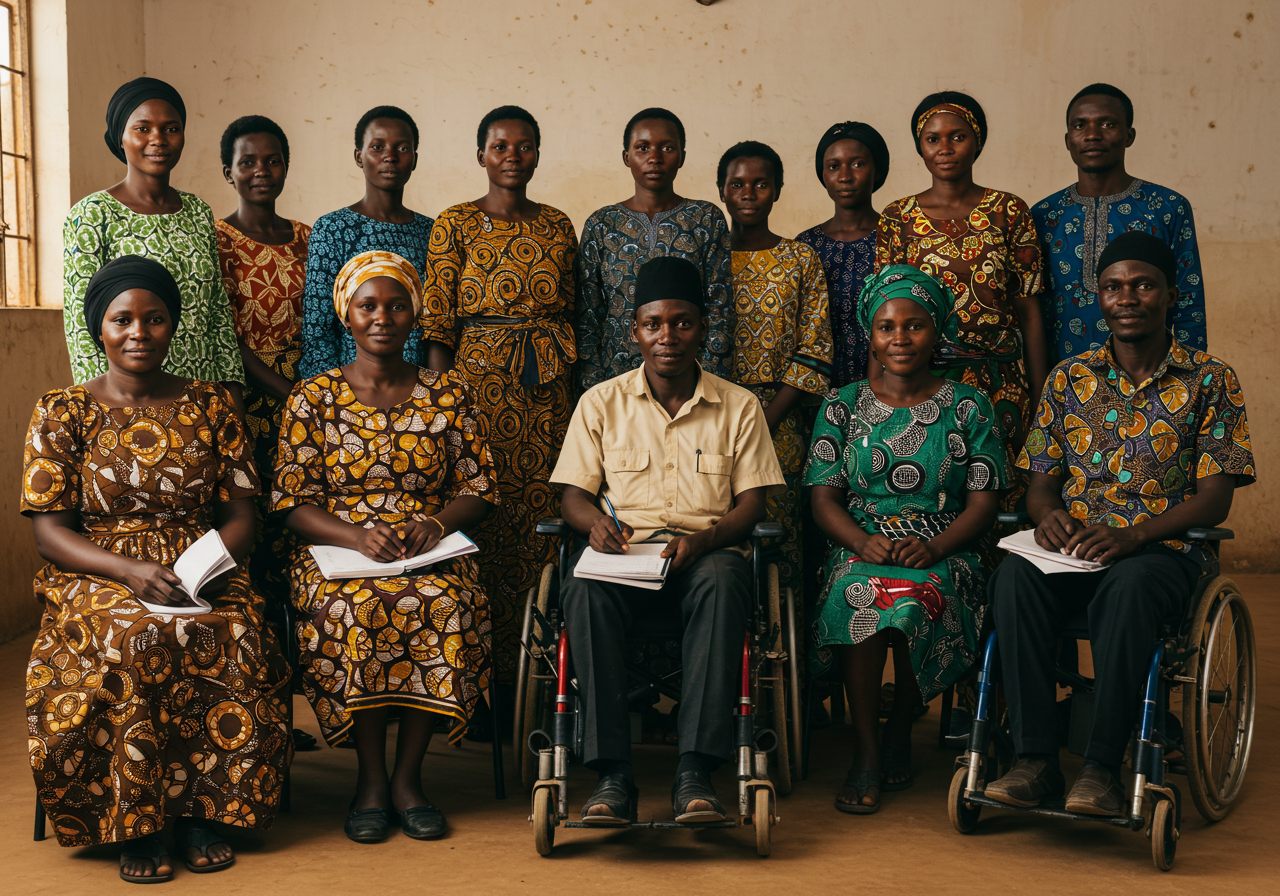 Diverse community group including women, youth and persons with disabilities at an inclusive meeting