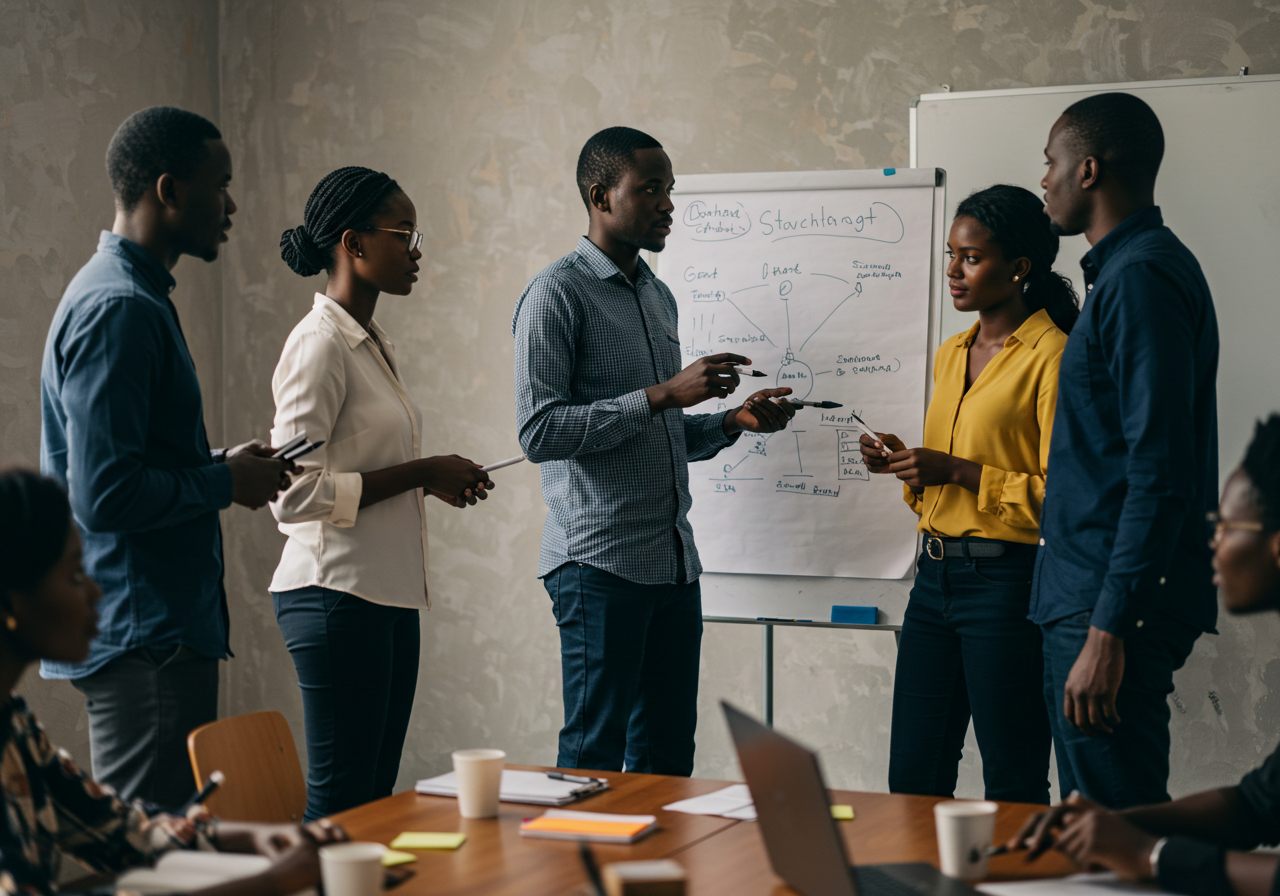 Leadership team in a strategy workshop around a whiteboard