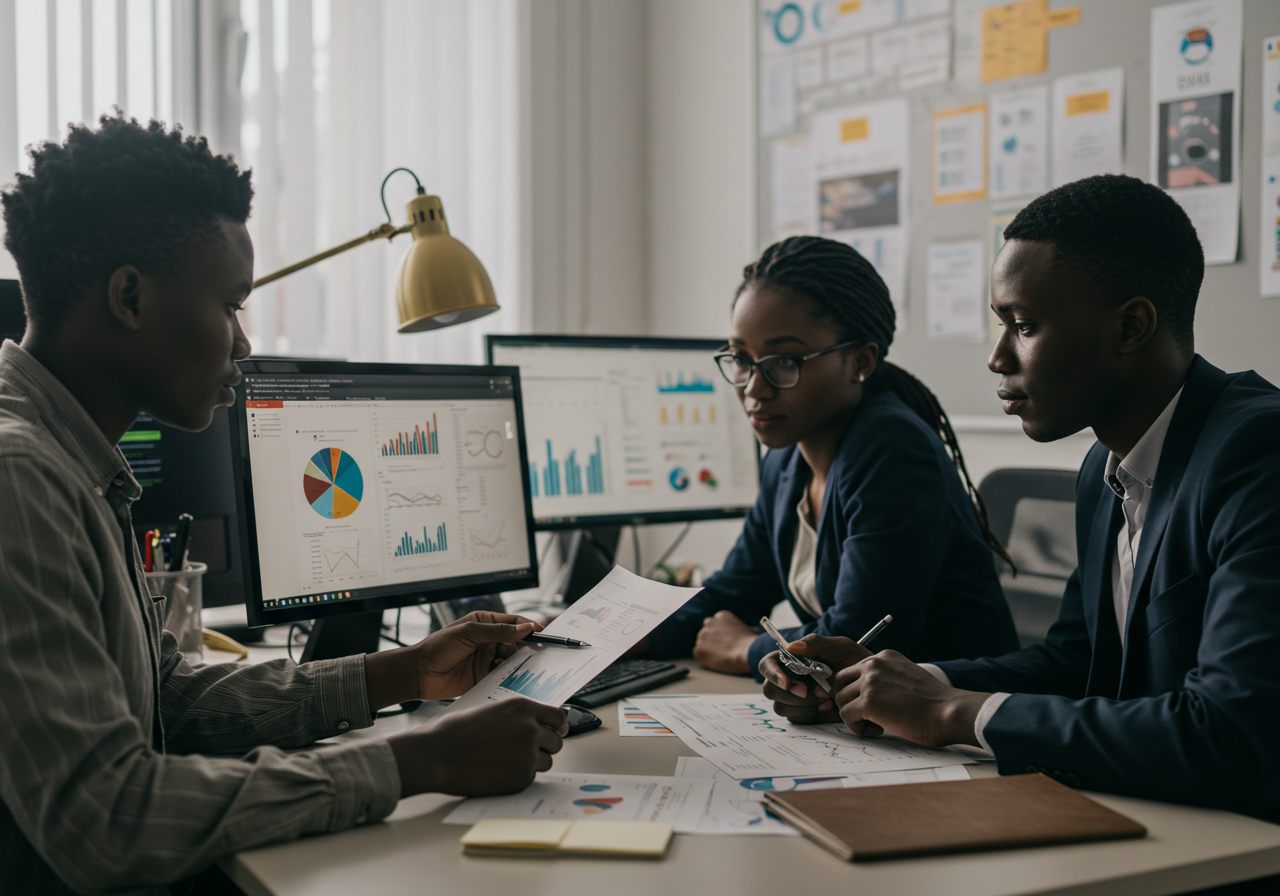 Researchers reviewing data dashboards and printed reports in a modern office