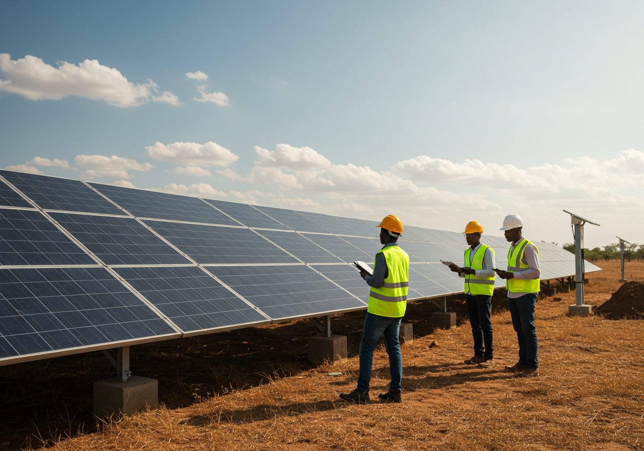 Engineers inspecting solar panels at a renewable energy site